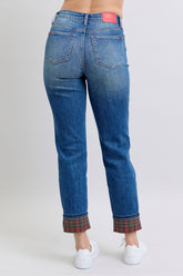 Judy Blue Full Size Plaid Cuff Mid Waist Straight Leg Jeans with Pockets - Versatile Denim